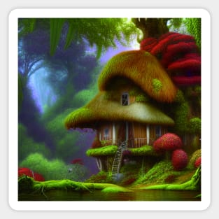 Tree House Portrait in Red Color, Greenery Outside, Landscape Painting Sticker